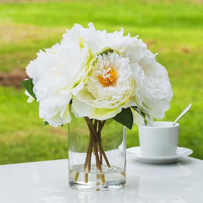 Enova Home Artificial Silk Peony Fake Flowers Arrangement in Clear Glass Cylinder Vase with Faux water for Home Wedding Decor