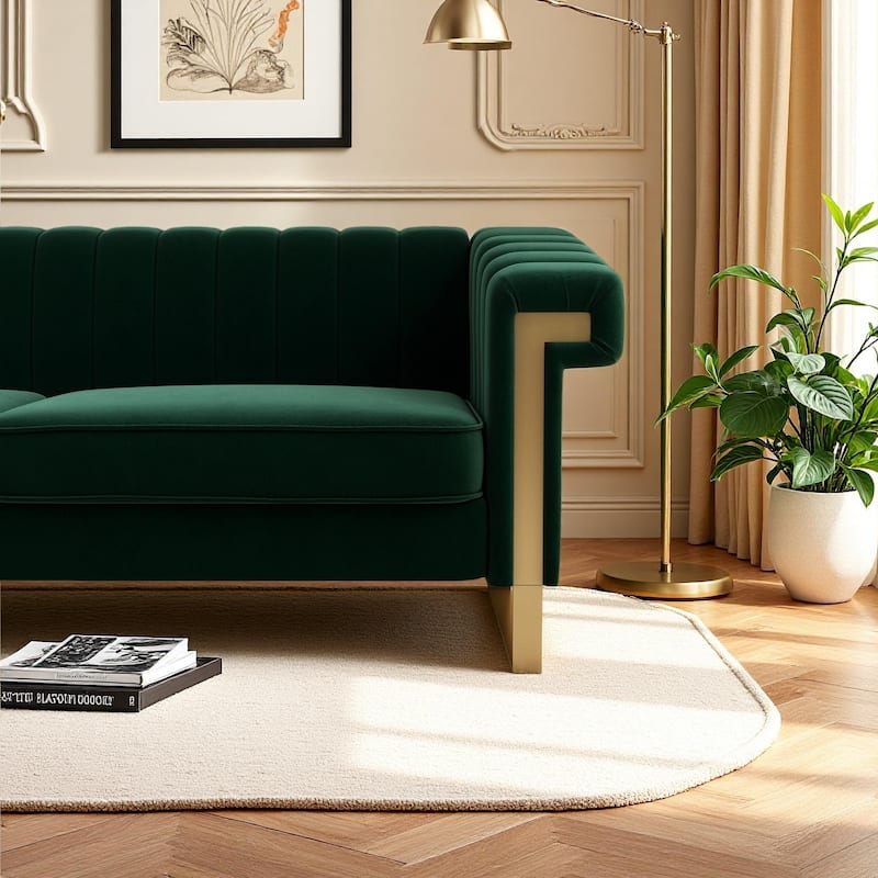 Leisure Sofa with Stainless Steel Metal Accents, Retro Green Velvet Upholstered Seat with Removable Cushions, Bedroom Loveseat