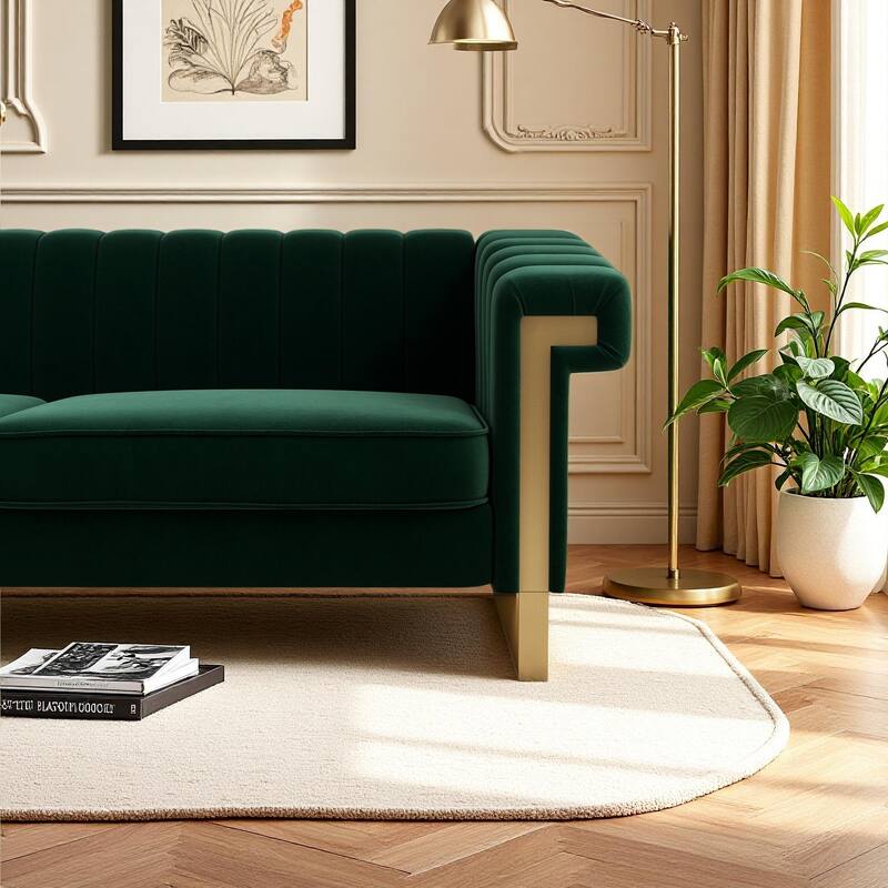 Velvet Sofa Couch for Living Room, Modern Loveseat Couch with Gold Accents, Apartment Chesterfield Sofa
