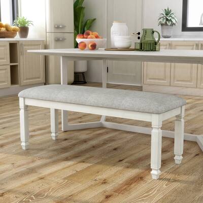 Furniture of America Timm Antique White Fabric Padded Dining Bench