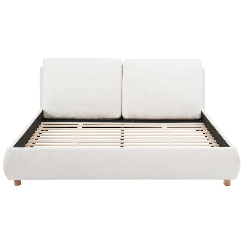 White Low-Profile Platform Bed Boucle Fabric Upholstered Frame with Wood Slat Metal Legs Support, 2 Removable Pillows Headboard