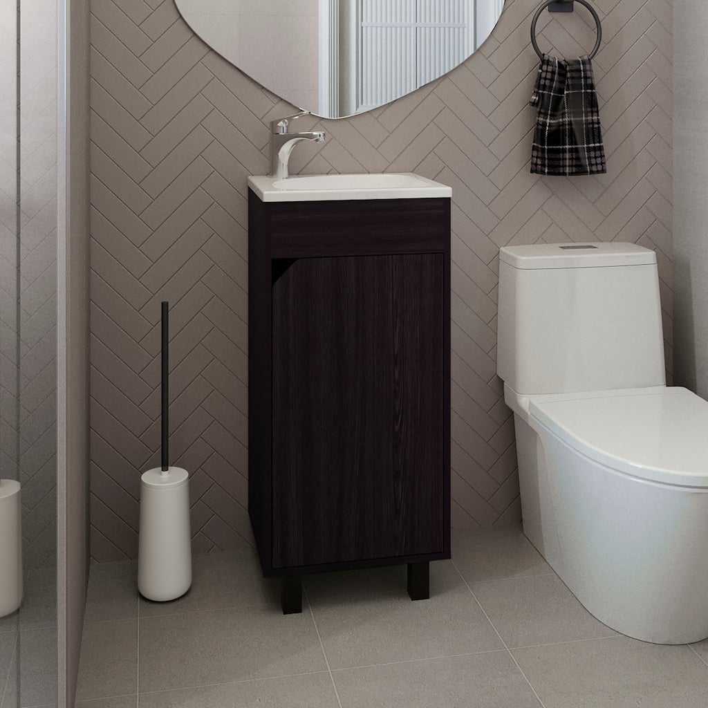 Wide One-Door Cabinet,Free Standing Vanity With Resin Sink And Two Shelves,Bathroom Storage,Black