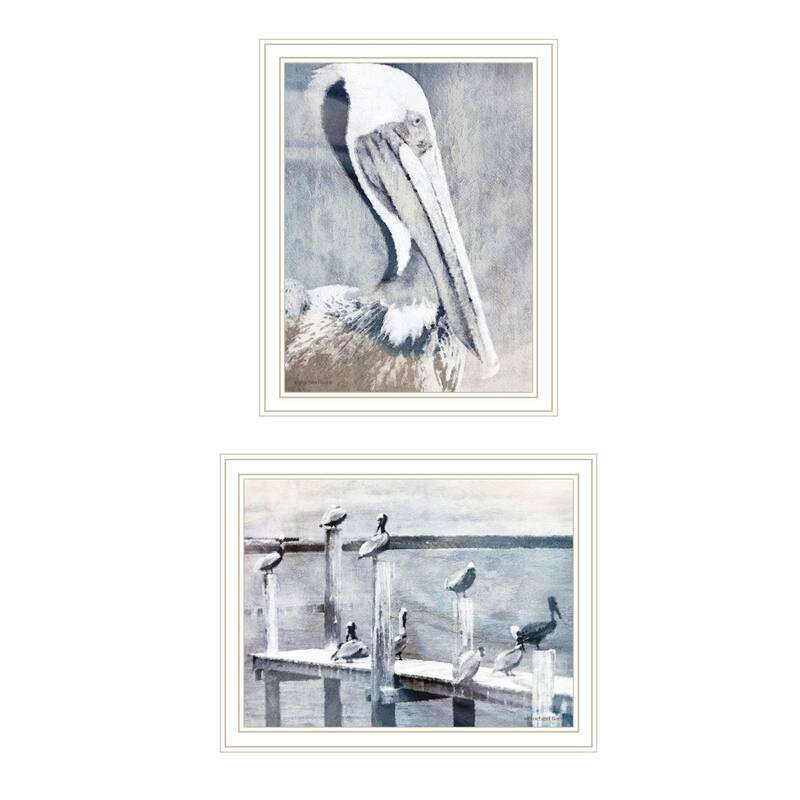 Trendy Decor 4U "Pelican's on Pier" Printed Framed Wall Art by Bluebird Barn - White - 14 x 18