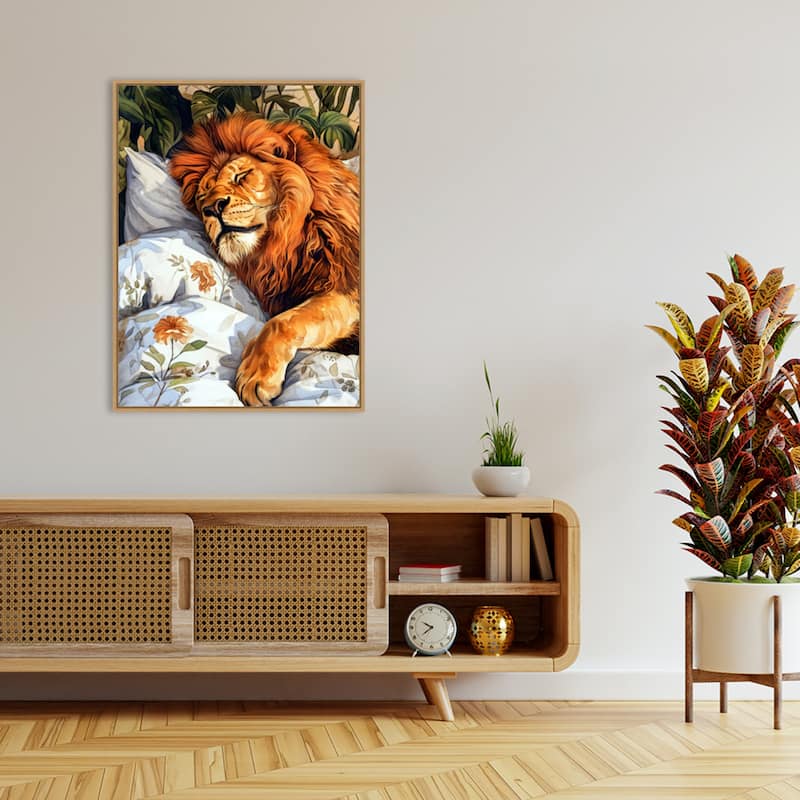 Animal Watercolor Art Lion Sleeping by Justyna Jaszke Framed Canvas Wall Art