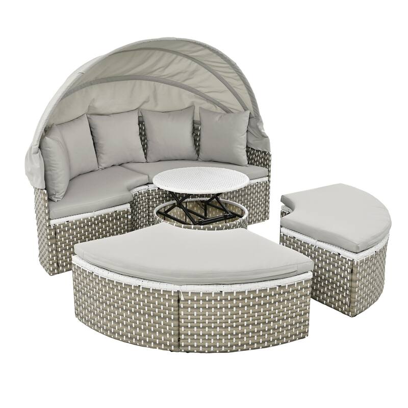 Outdoor Patio Furniture Set, Round Outdoor Sectional Sofa Set, Rattan Daybed with Retractable Canopy and Removable Cushion
