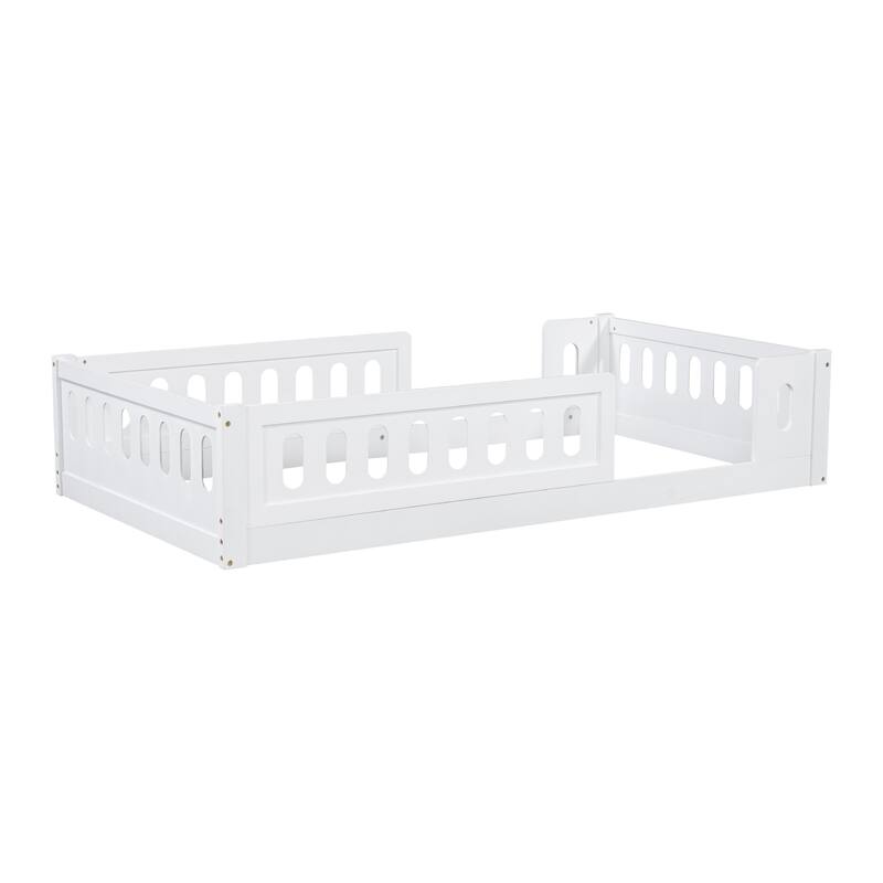 Solid Wood Twin Size Platform Bed for Kids with Side Opening Guardrail, Low Profile Design, No Box Spring Needed