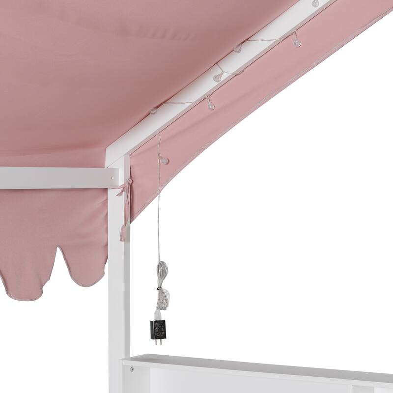 Full-Size Floor House Bed with Fence, Book Nook Shelves, Curtain & LED Lights by Harper&Bright Designs