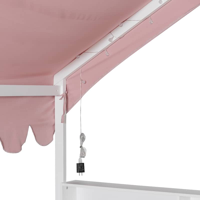 Full Size House-Shaped Daybed with Storage Bookshelves, Canopy Curtain and LED Light, Wooden Floor Bed with Fence