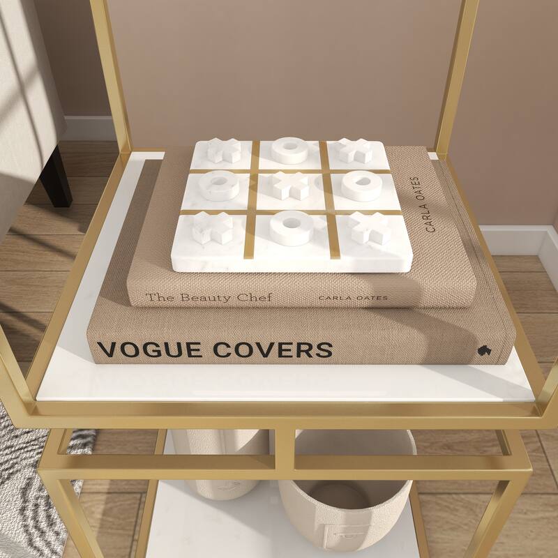 White or Black Marble Tic Tac Toe Game Set with Gold Inlay and Wood Pieces