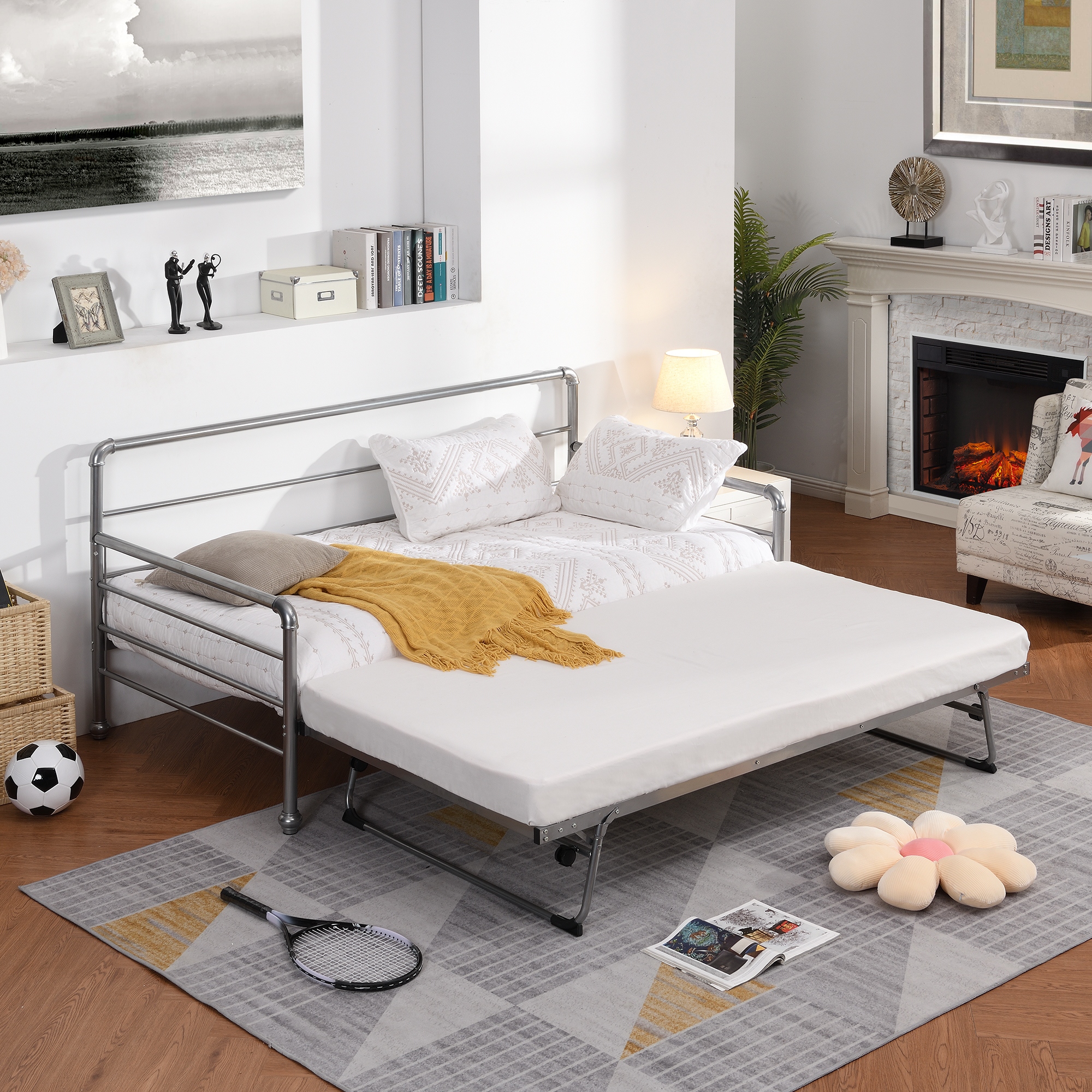 Twin Size Metal Daybed with Adjustable Pop up Trundle Same Height