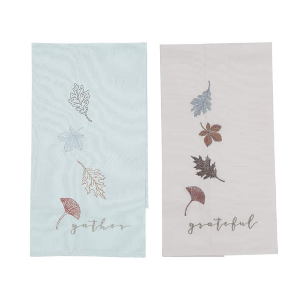 Transpac Fall Harvest Thanksgiving Leaf Embroidered Kitchen Towels Cotton