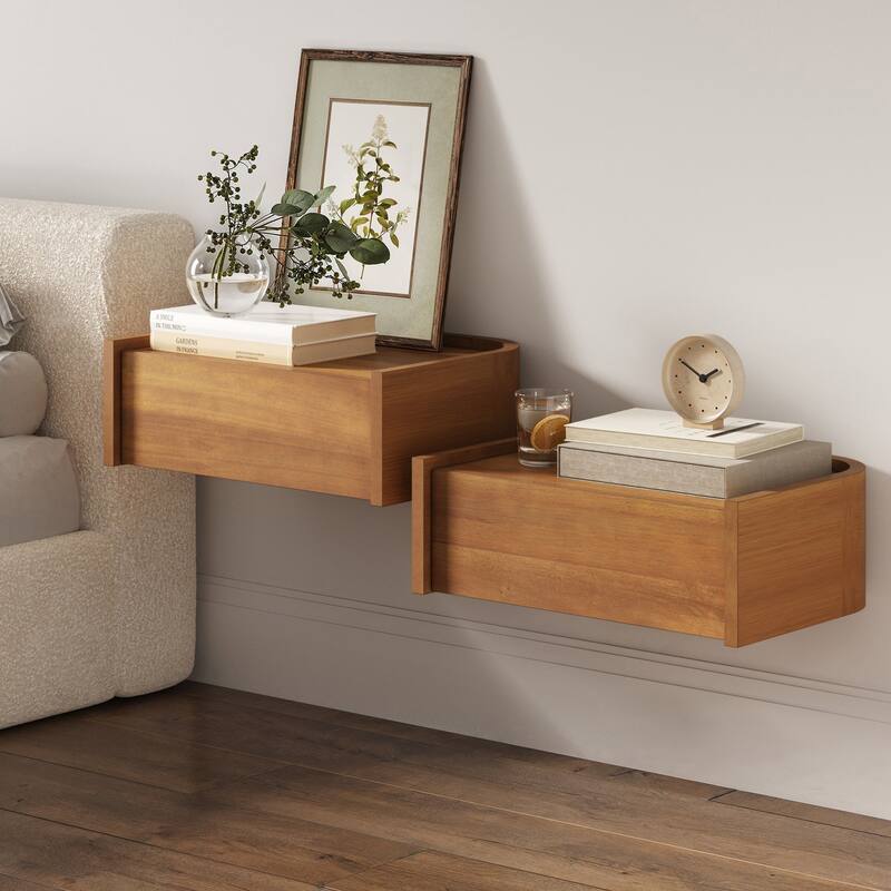 Tyla Wall Mounted Bedside Table, Floating 1-Drawer Nightstand with Rounded Edges - Set of 2