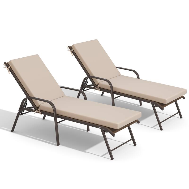 Outdoor Lounge Chairs Chaise Lounge Set with Adjustable Back and Cushions - Brown Fabric Chair with Beige Cushion