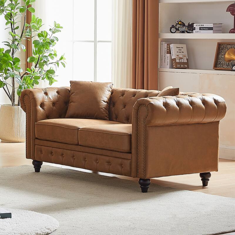 63.5" Contemporary Design Chesterfield Sofa, Brown Fabric, Button Tufted with 2 Pillows - Multi-Color