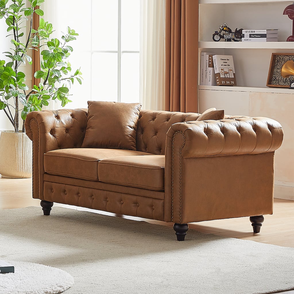 63.5" Contemporary Design Chesterfield Sofa, Brown Fabric, Button Tufted with 2 Pillows