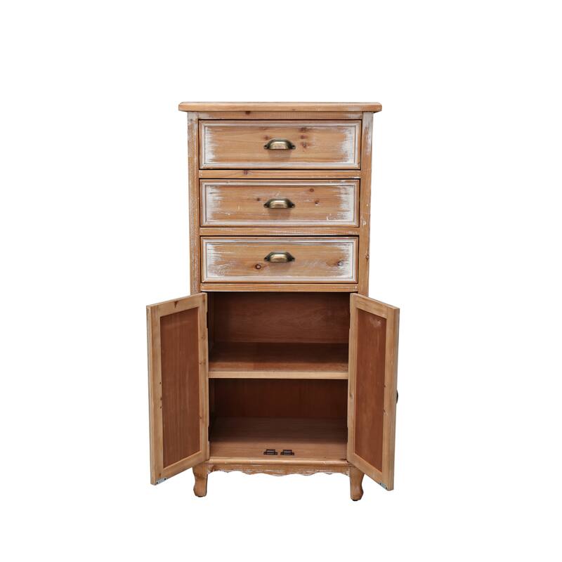 Rustic Wooden Storage Cabinet with Decorative Cutout Door & 3 Drawers, Tall Narrow Organizer for Living Room, Bedroom