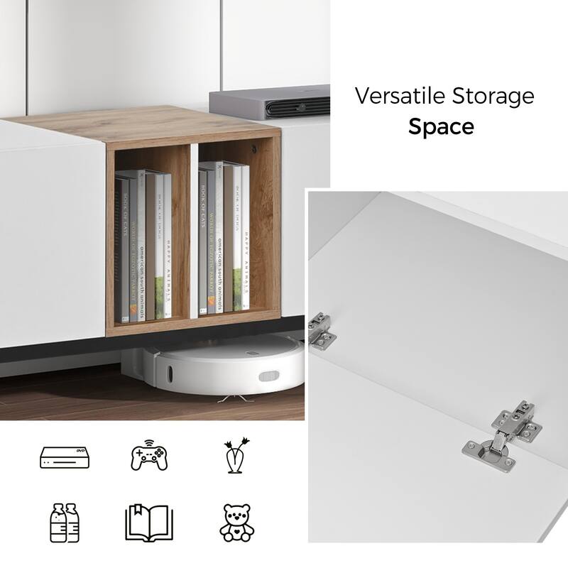 Modern TV Stand for 80'' TVs with 3 Doors, Concealed Storage and Pull-Down Cabinet Doors, for Living Rooms Bedrooms, White