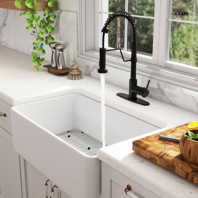 Farmhouse/Apron-Front Single Bowl Fireclay Kitchen Sink with 3-Function Pull-Down Faucet, Bottom Grid, and Basket Strainer