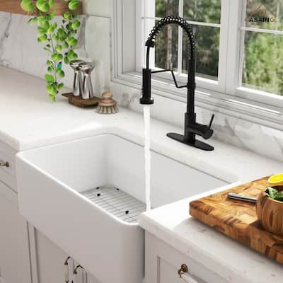 Farmhouse/Apron-Front Single Bowl Fireclay Kitchen Sink with 3-Function Pull-Down Faucet, Bottom Grid, and Basket Strainer
