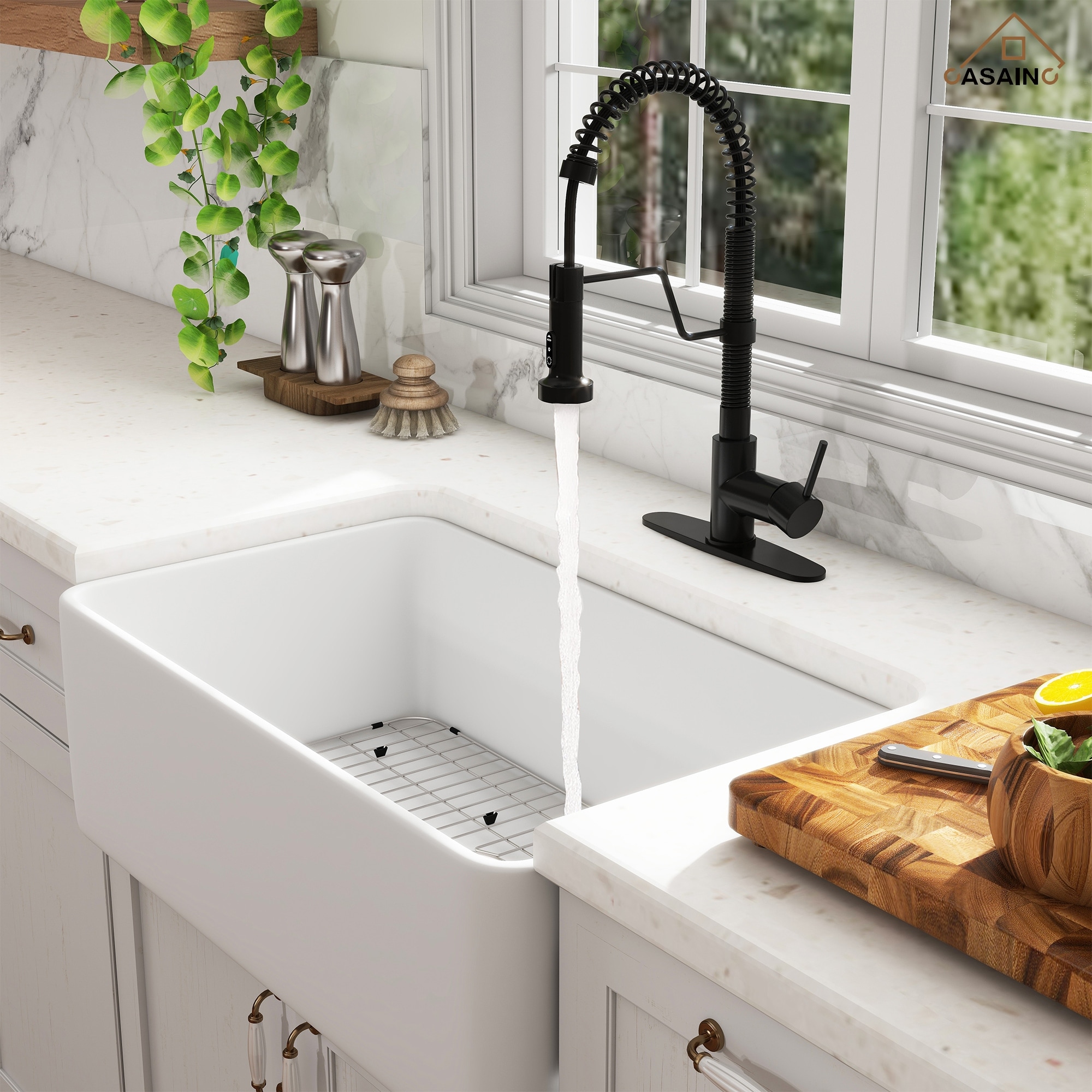Farmhouse/Apron-Front Single Bowl Fireclay Kitchen Sink with 3-Function Pull-Down Faucet, Bottom Grid, and Basket Strainer