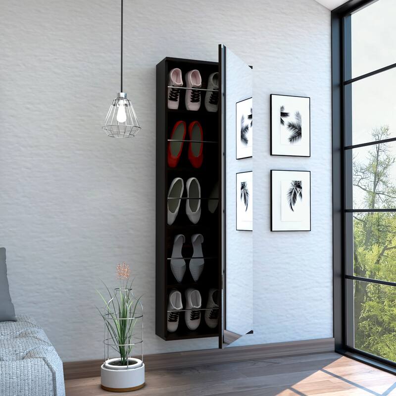 Connecticut Wall Mounted Mirror Shoe Rack with 5 Internal Shelves, 10 Shoe Capacity