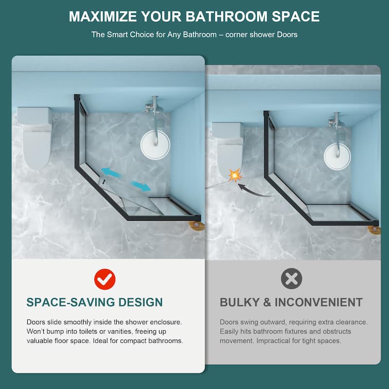 42" W x 76" H Diamond-shaped Corner Shower Door Space-Saving and Hassle-Free Access