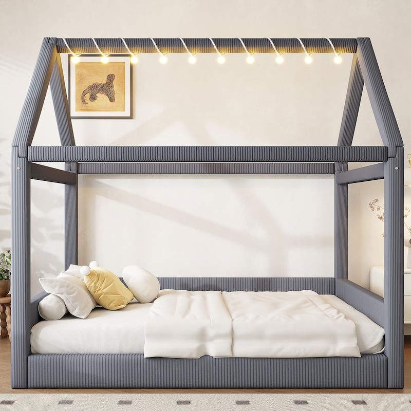 Full Size Upholstered Bed Frame Floor Daybed House Bed with House Roof LED Light Strips and Wood Slat Support for Childrens Room