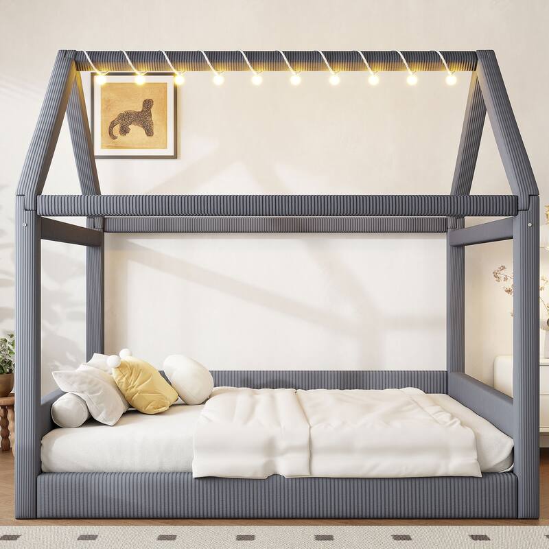 Full Size Upholstered House Daybed with LED Light Strips, Grey