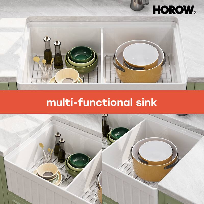 HOROW 33 in. Farmhouse/Apron-Front 50/50 Double Bowl White Fireclay Kitchen Sink with Workstation,Cutting Board,Grid, Strainer