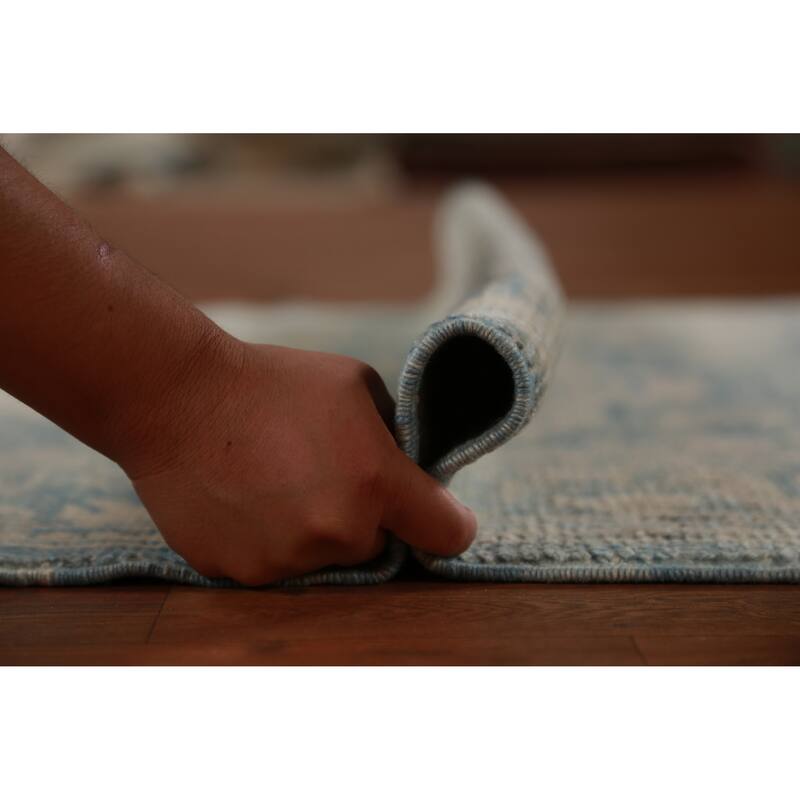 Hand Knotted Oriental 100% Wool Carpet Transitional Geometric Navy Blue & Blues Oushak Runner Rug - 14' 2'' X 3' 1''