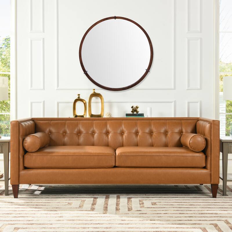 Mid-Century Modern Round Accent Mirror - Brown Walnut Wood & Veneer