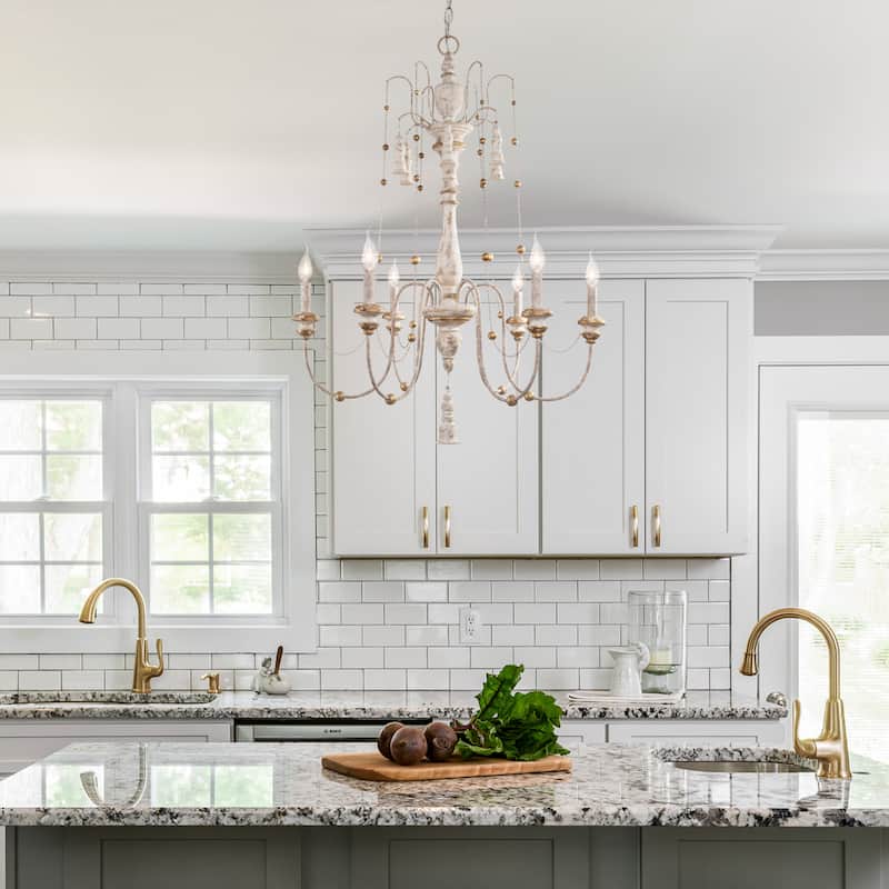 French Country 6-Light 29" White Wood Farmhouse Chandelier for Dining Room - 29"W x 37.5"H
