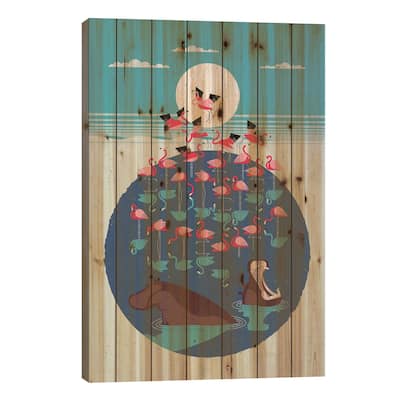 Flamingo Lake Print On Wood by Dieter Braun - Multi-Color