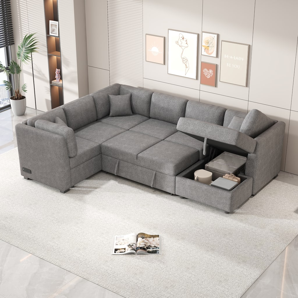 108.6" U-Shaped 6 Seater Sectional Sofa with Pull-Out Bed, 3 Pillows, Storage Chaise, USB Ports, and Power Sockets