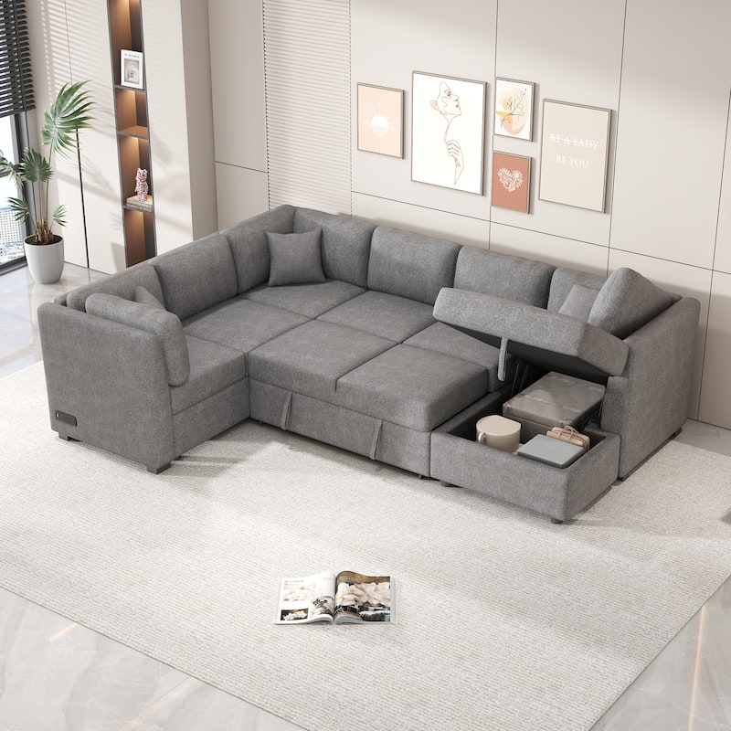 Roomfitters U-Shaped Sectional Sofa Pull-Out Bed with USB Ports, Power Sockets, Three Back Pillows, and Storage Chaise - Light Grey