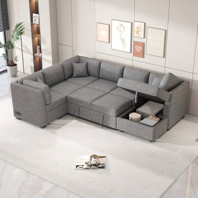 Sectional Sleeper Sofa with Pull Out Bed and Storage Chaise,U Shape Sectional Sofa Bed, Oversized Sectional - Grey