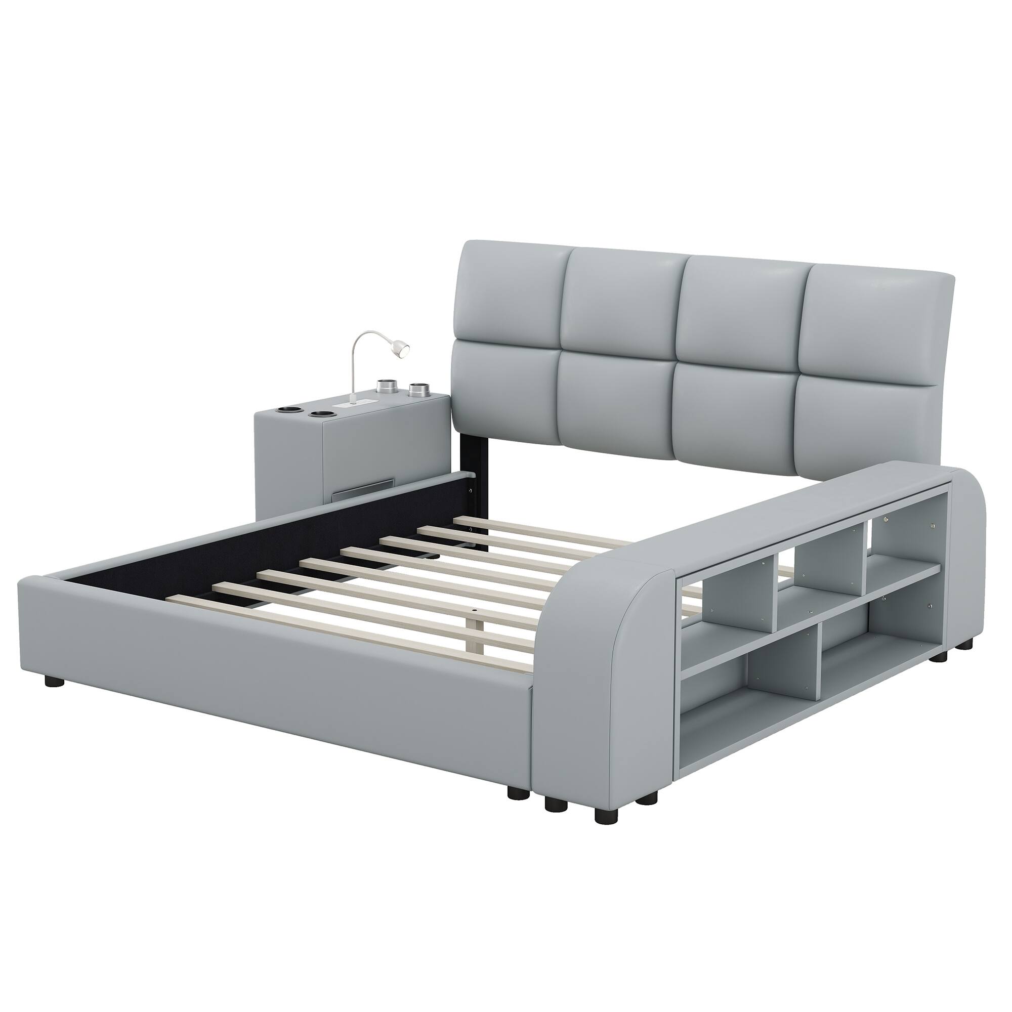 Queen Upholstered Platform Bed Frame w/ Storage Shelves, Multimedia