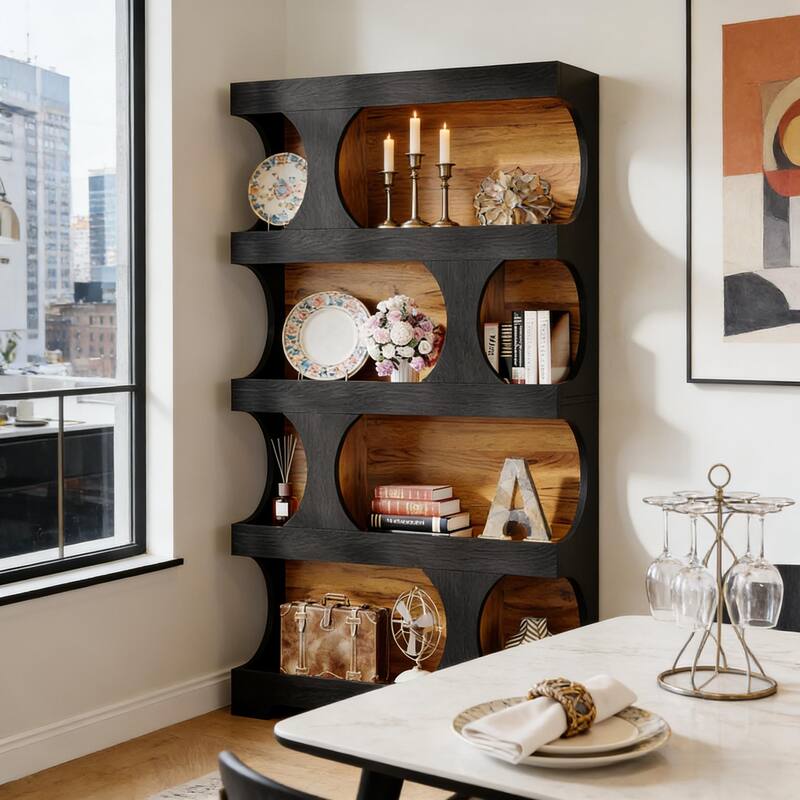 S-Shaped Bookshelf, Contemporary Freestanding Bookcase with Generous Display Space