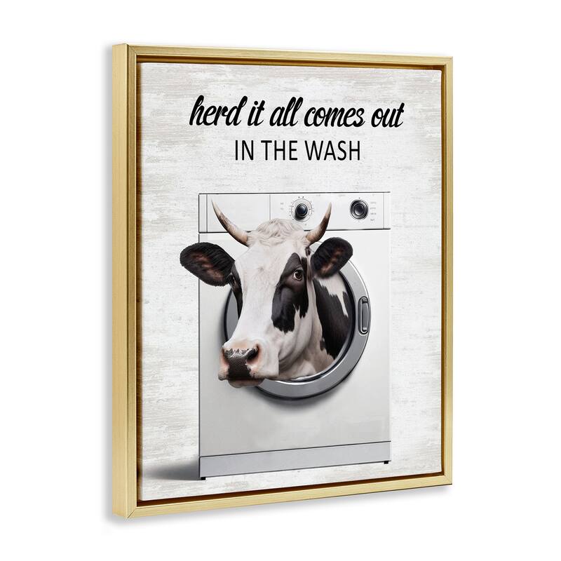 Stupell Cow & Washing Machine Framed Floater Canvas Wall Art Design By Lettered and Lined