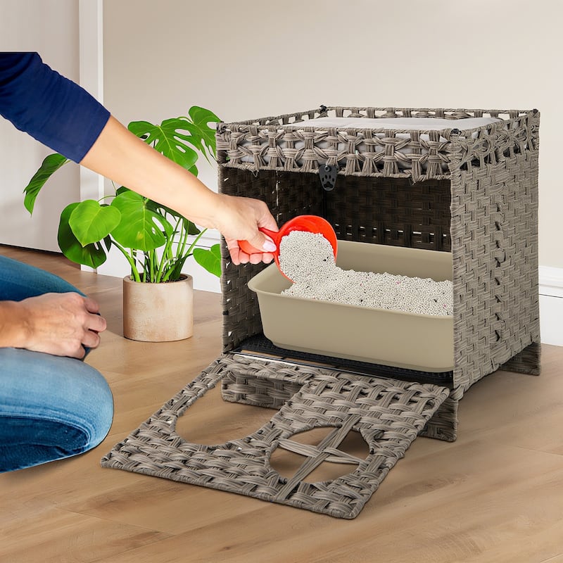Grey 2-Tier Rattan Cat Condo with Washroom Detachable Cushions and Stylish Side Table Furniture - 21" x 17" x 22.5"