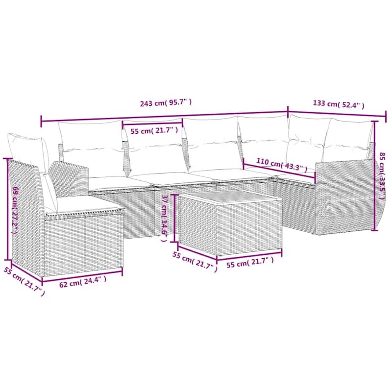 vidaXL Patio Sofa Set with Cushions Outdoor Furniture 7 Piece Poly Rattan - 24.4x 24.4x 27.2