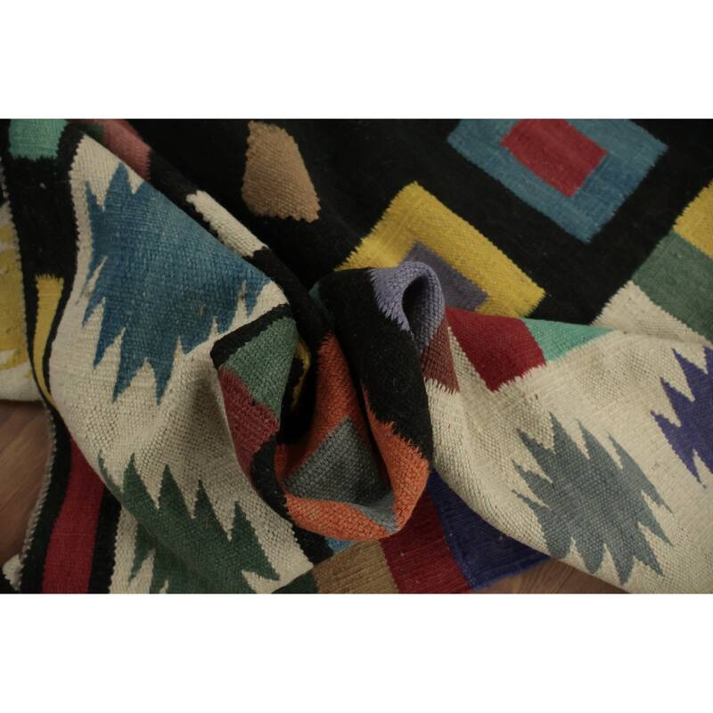 Hand Woven Oriental 100% Wool Carpet Southwestern Tribal Black Kilim Area Rug - 9' 0'' X 6' 2''