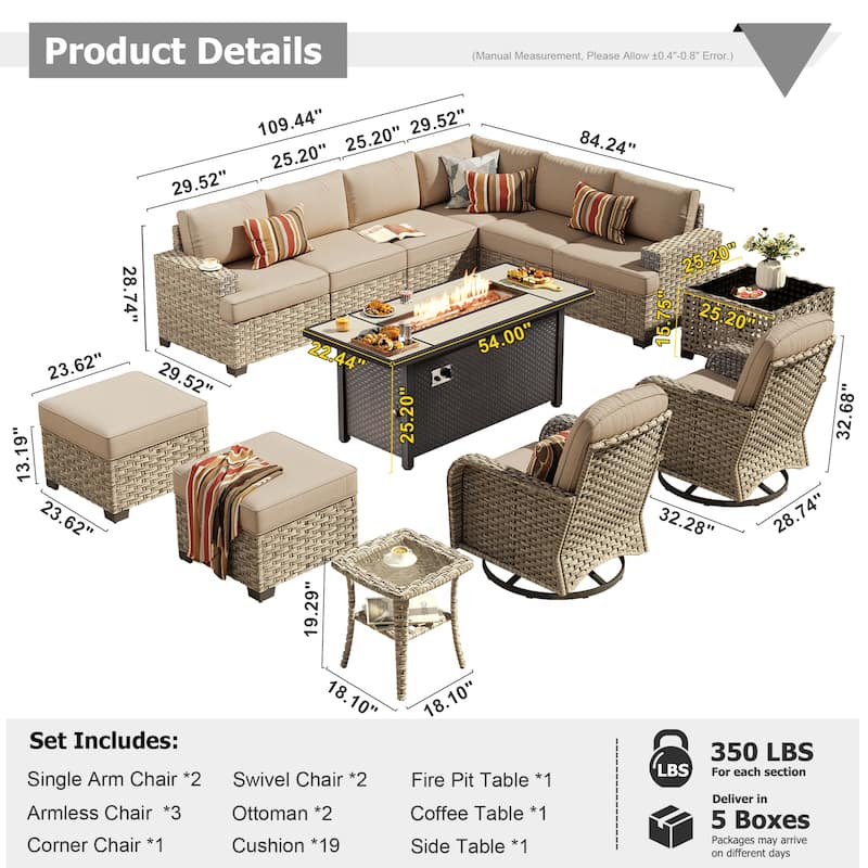 XIZZI 13-Piece Outdoor Wicker Sectional Swivel Chairs Set with Firepit Table