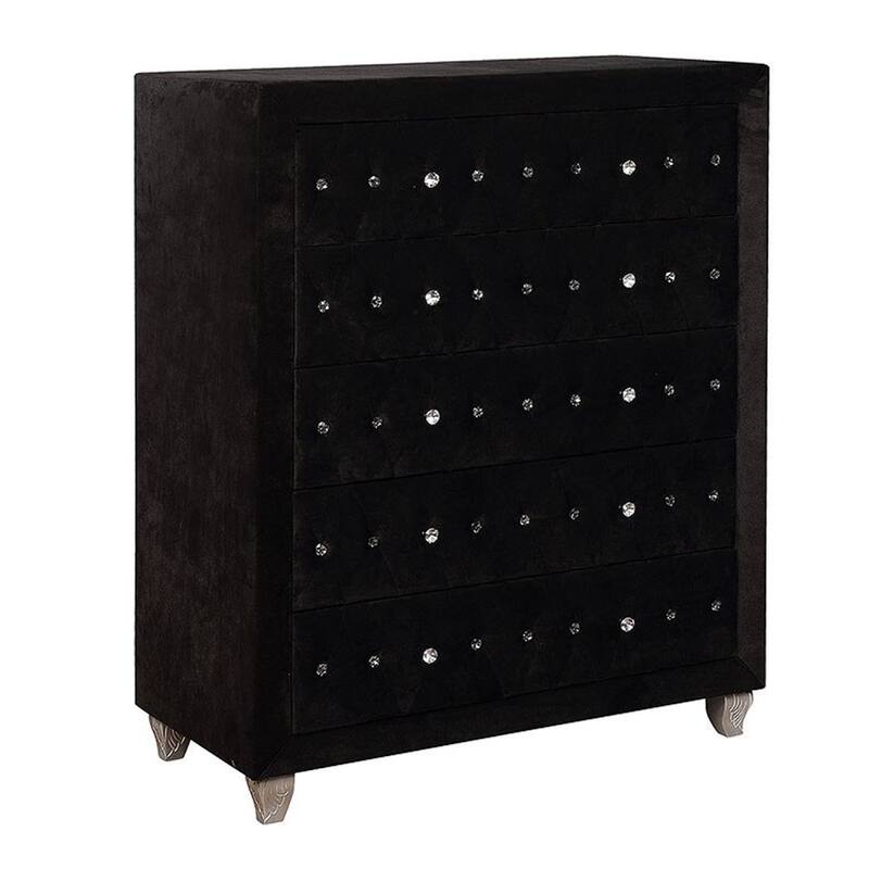Rea Tall Dresser Chest, 5 Drawers with Crystal Knobs, Black Velvet Upholstery