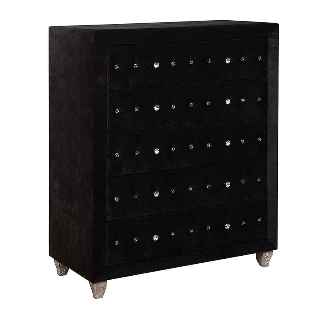 Rea Tall Dresser Chest, 5 Drawers with Crystal Knobs, Black Velvet Upholstery