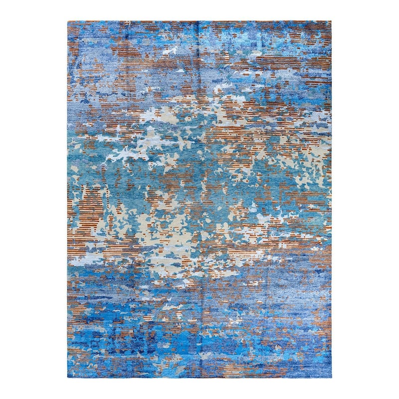Modern One-of-a-Kind Hand-Knotted Area Rug - Navy, 9' 1" x 12' 3" - 9' 1" x 12' 3"