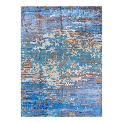 Modern One-of-a-Kind Hand-Knotted Area Rug - Navy, 9' 1" x 12' 3" - 9' 1" x 12' 3"
