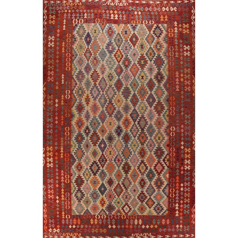 All-Over Geometric Kilim Oriental Large Rug Hand-Woven Wool Carpet - 10'5"x 16'2"