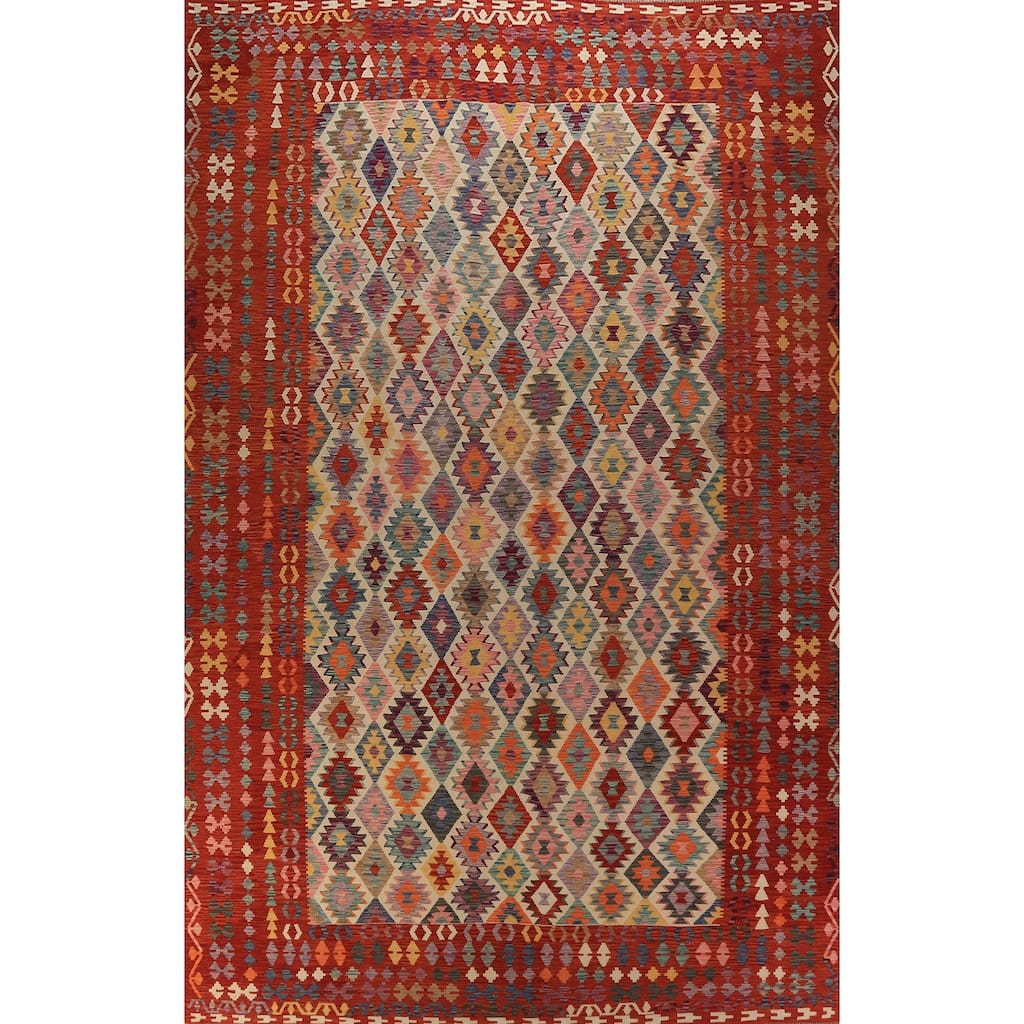 All-Over Geometric Kilim Oriental Large Rug Hand-Woven Wool Carpet - 10'5"x 16'2"
