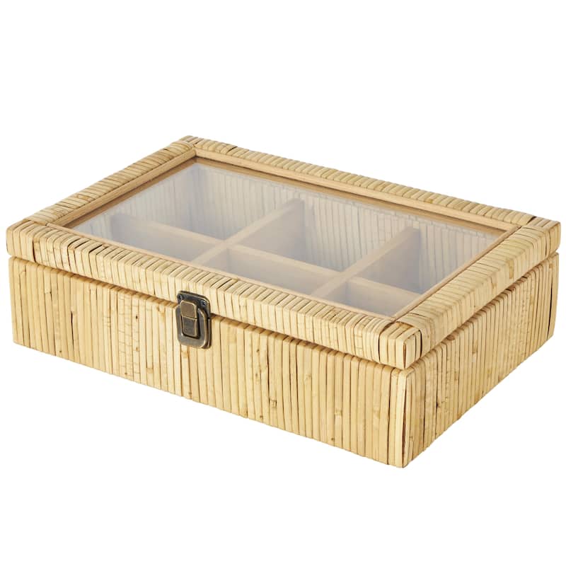 Rattan Handmade Wrapped 6 Slot Decorative Jewelry Box with Tempered Glass Top - Brown - Roche River Decor - Brown